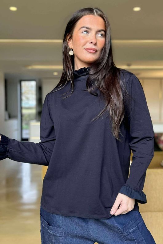 Essential Body Stretch Cotton Ruffle Neck Layering Top Navy - 